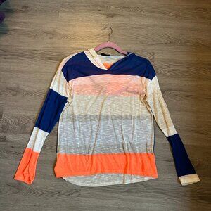Striped Hoody Long Sleeve Shirt - White, Blue, & Orange - Daily Special - Large